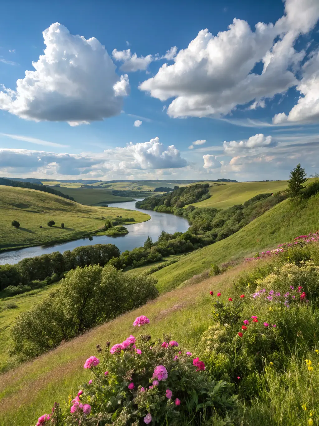 A serene image of the Besbre River, showcasing its natural beauty and the healthy ecosystem that A.A.P.P.M.A. strives to maintain, with lush greenery on the banks.