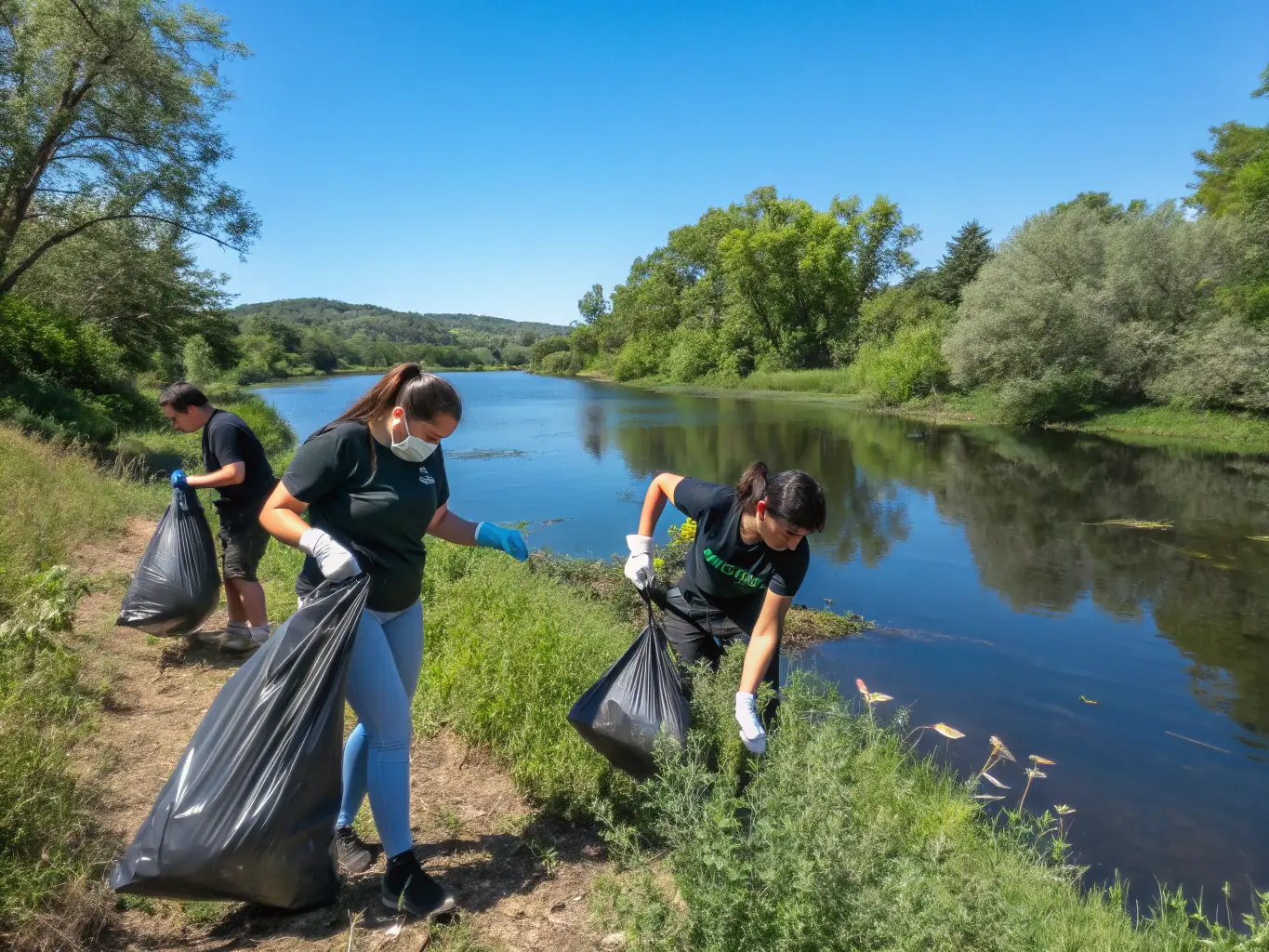 A photograph illustrating A.A.P.P.M.A. members conducting water quality testing along the Besbre River, showcasing their efforts to monitor and prevent pollution. The image should highlight the scientific aspect of their conservation work.